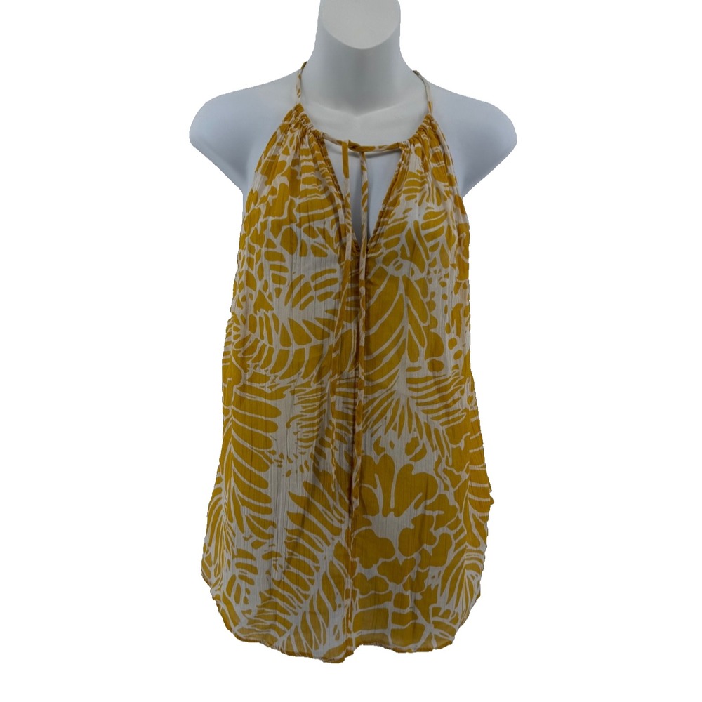 LOFT Halter Top Mustard Yellow Tropical Print Tie Neck Flowy Blouse M